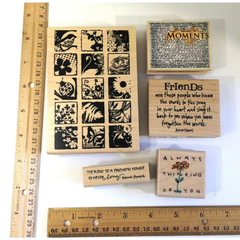 Wood Mount Rubber Stamp Set 5 Tags Friends Designs and More